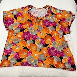 Croft & Barrow NWT 3X Floral Blouse Braided Neck Short Sleeve Orange Gray Pink